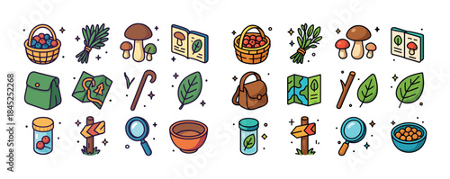 Nature adventure icons: berries, mushrooms, maps, and herbal ele