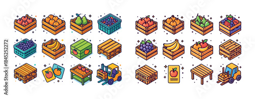 Colorful isometric fruit crates and pallet icons with forklift a