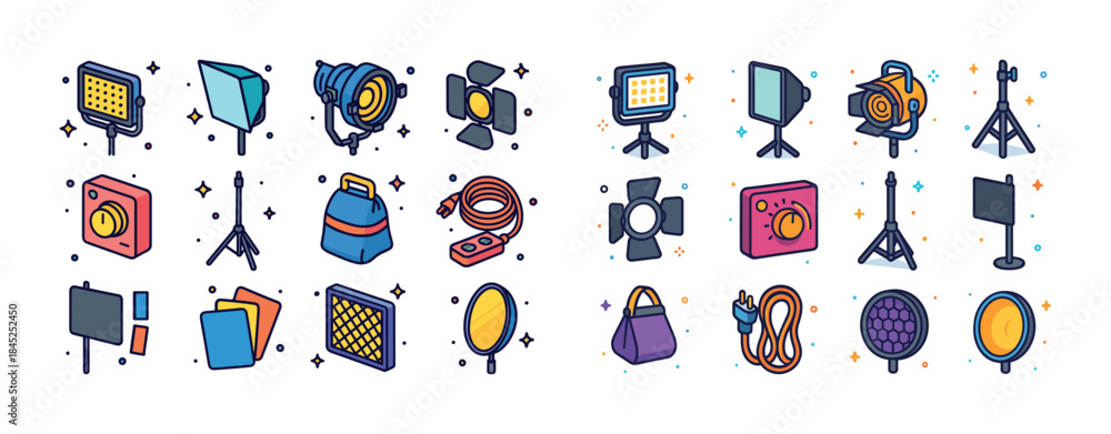 Fototapeta premium Colorful set of cartoon studio lighting and photography equipmen