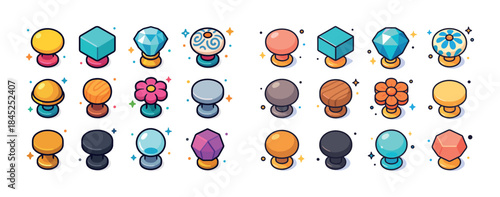 Colorful isometric knobs with various designs and patterns