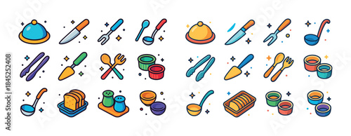 Colorful kitchen utensils and cookware icons