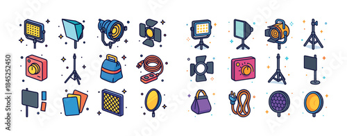 Colorful set of cartoon studio lighting and photography equipmen