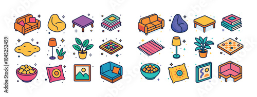Colorful isometric home decor icons: furniture, plants, and acce