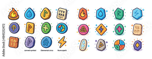 Colorful assorted magic symbols and runes display
