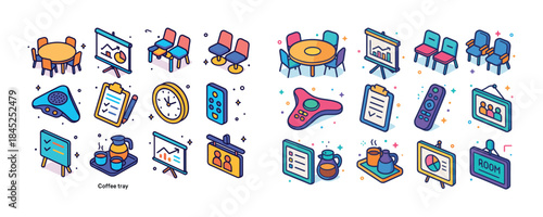 Colorful office and meeting room icons including charts and coff