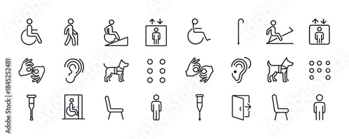 Accessibility icons: wheelchair, hearing, assistance dog, crutch