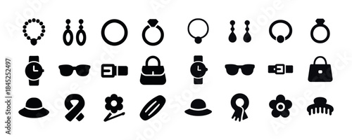 Collection of black icon silhouettes representing various fashio