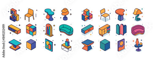 Colorful isometric furniture collection with chairs, tables, lam