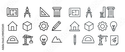 Architectural design icons: blueprint, compass, ruler, column, c
