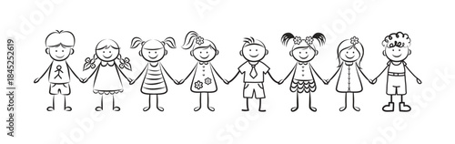 Group of funny kids holding hands. Friendship concept. Happy cute doodle children. Isolated vector illustration in hand drawn style on white background