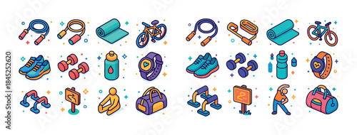 Colorful fitness icons set featuring equipment and accessories