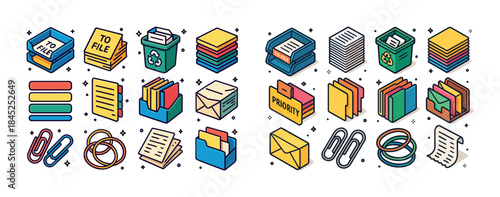 Colorful office supplies icons for filing and organization