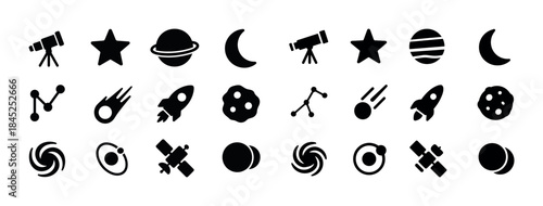 Astronomy icons set: telescope, star, planet, moon, constellatio
