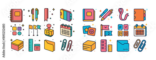 Colorful office supplies collection: notebooks, pens, clips, cal