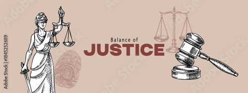 Sketch judicial law background. Themis lady justice, scales, fingerprint, gavel. Engraved line style hand drawn vector illustration. Law, legal, court, mediation center, arbitration, notary concept