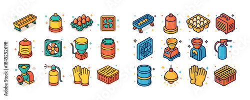 Colorful isometric icons of kitchen and household appliances