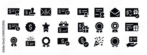 Black and white icons: awards, certificates, and gifts collectio