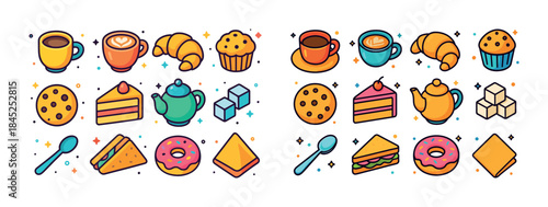 Colorful assorted food icons featuring coffee, pastries, and tea