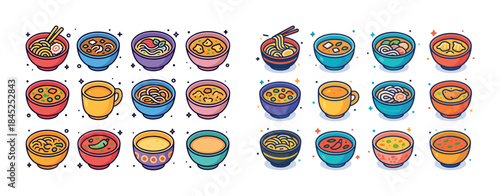 Colorful assortment of cartoon noodle and soup bowls in various