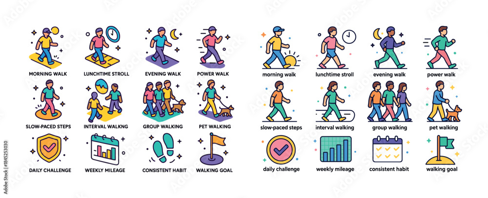 Fototapeta premium Diverse walking activities and routines with illustrations of pe