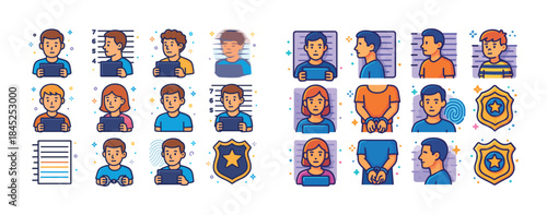 Cartoon mugshots and police icons featuring diverse characters