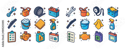 Colorful automotive maintenance icons including tools, fluids, a