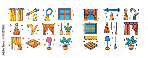 Colorful home decor: curtains, windows, and plant illustrations