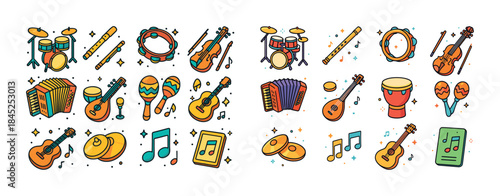 Colorful musical instruments collection with drums, flutes, tamb