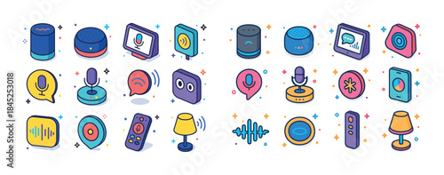 Colorful smart home gadgets and voice assistant icons collection