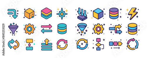 Colorful technology icons: arrows, gears, cubes, databases, and