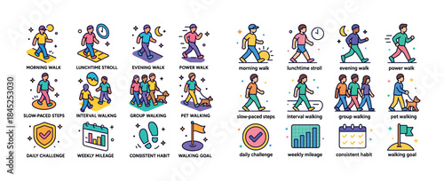 Diverse walking activities and routines with illustrations of pe