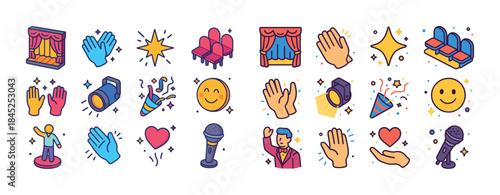 Theater icons: stages, microphones, applause, spotlights, and mo
