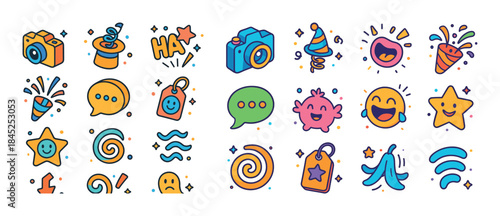 Colorful cartoon party icons with smiley faces and fun elements
