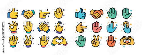 Colorful hand gesture icons set with thumbs up peace and love sy