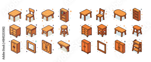 Isometric wooden furniture collection featuring tables chairs ca