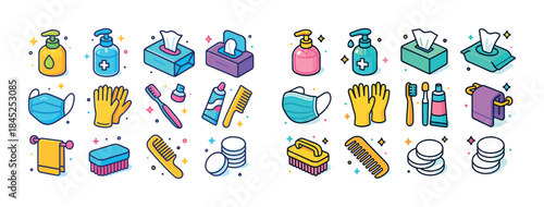 Colorful hygiene and personal care icons set with masks and sani