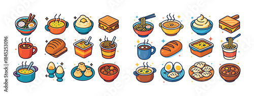 Colorful icon set of various noodles and dumplings