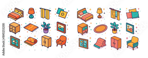 Colorful isometric home decor elements with furniture and access