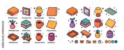 Cozy home interior elements collection with decorative objects a