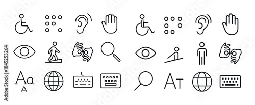 Set of accessibility icons featuring disabilities and communicat