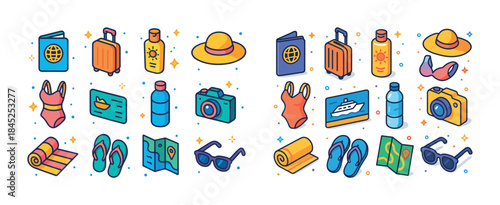 Colorful summer travel icons: passport, suitcase, sunblock, hat,