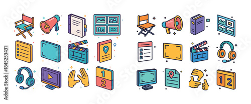 Colorful media and entertainment icons set with headphones and c