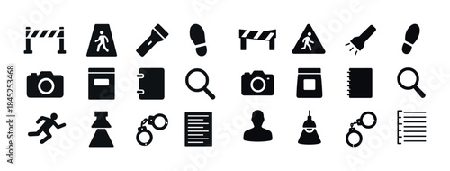 Silhouette icon set: camera magnifying glass flashlight pedestri
