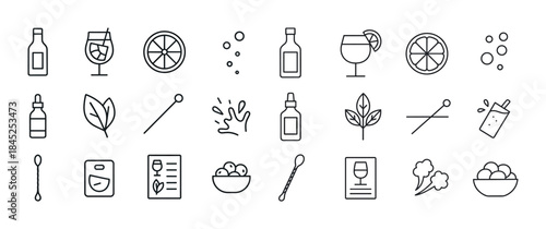 Vector icons of beverage ingredients including bottles, citrus,