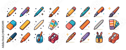 Colorful collection of art and writing supplies with pencils bru