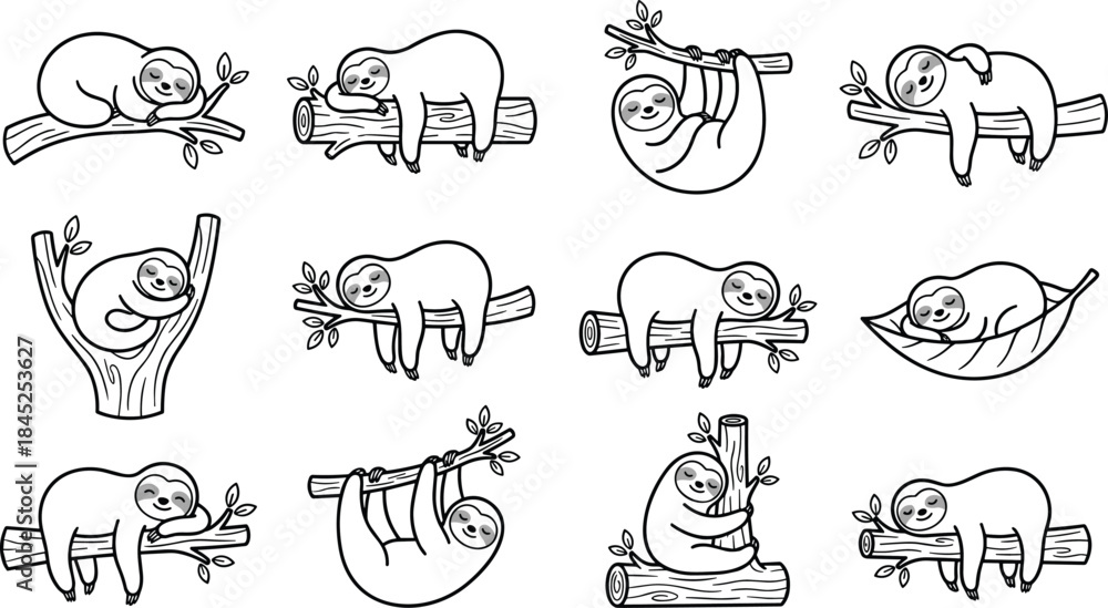 Obraz premium Cartoon sloth vector set, cute animal poses, tree branch, jungle leaves, relaxed mood, sleeping, hanging, hugging, resting, playfulv