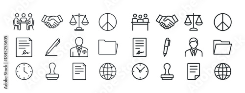 Set of legal icons: scales, documents, peace symbol, globe, cloc