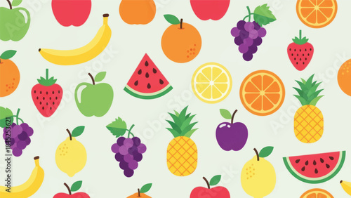 Colorful fruit pattern featuring a variety of tropical and seasonal produce.