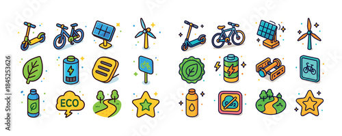 Eco-friendly transportation and renewable energy icons with natu