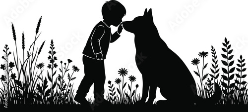 Child and dog in nature silhouette icon, black vector style, companionship, innocence, outdoor scene, plants, sketch, peaceful